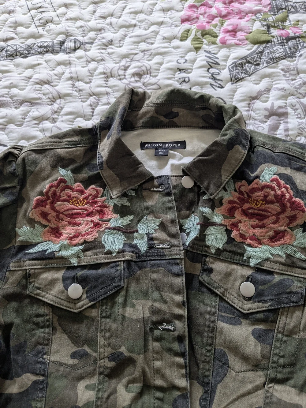 Boston Proper Women's Camo Embroidered Floral Jacket - Green - Picture 4 of 4